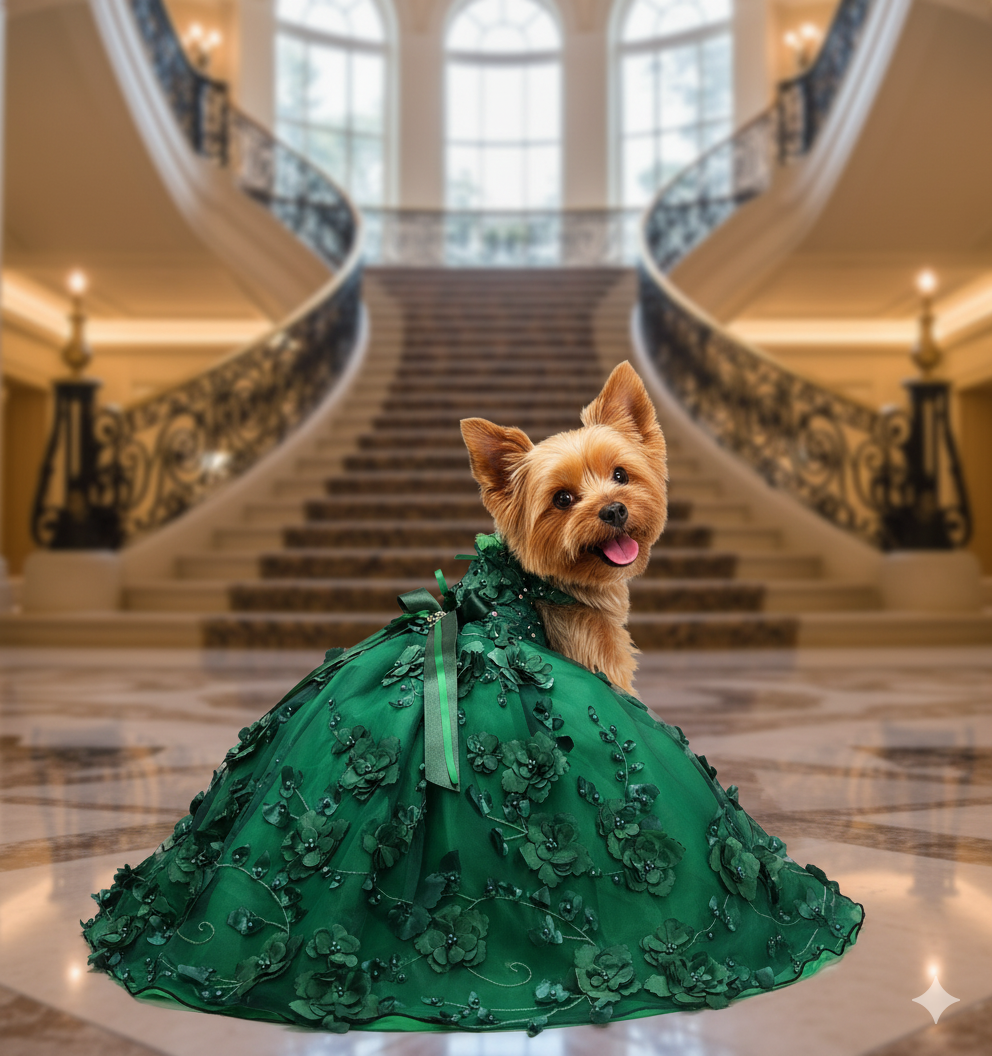 Emerald Forest Princess Luxury Dog Dress – Handmade Green Floral Ball Gown for Weddings & Photo Shoots