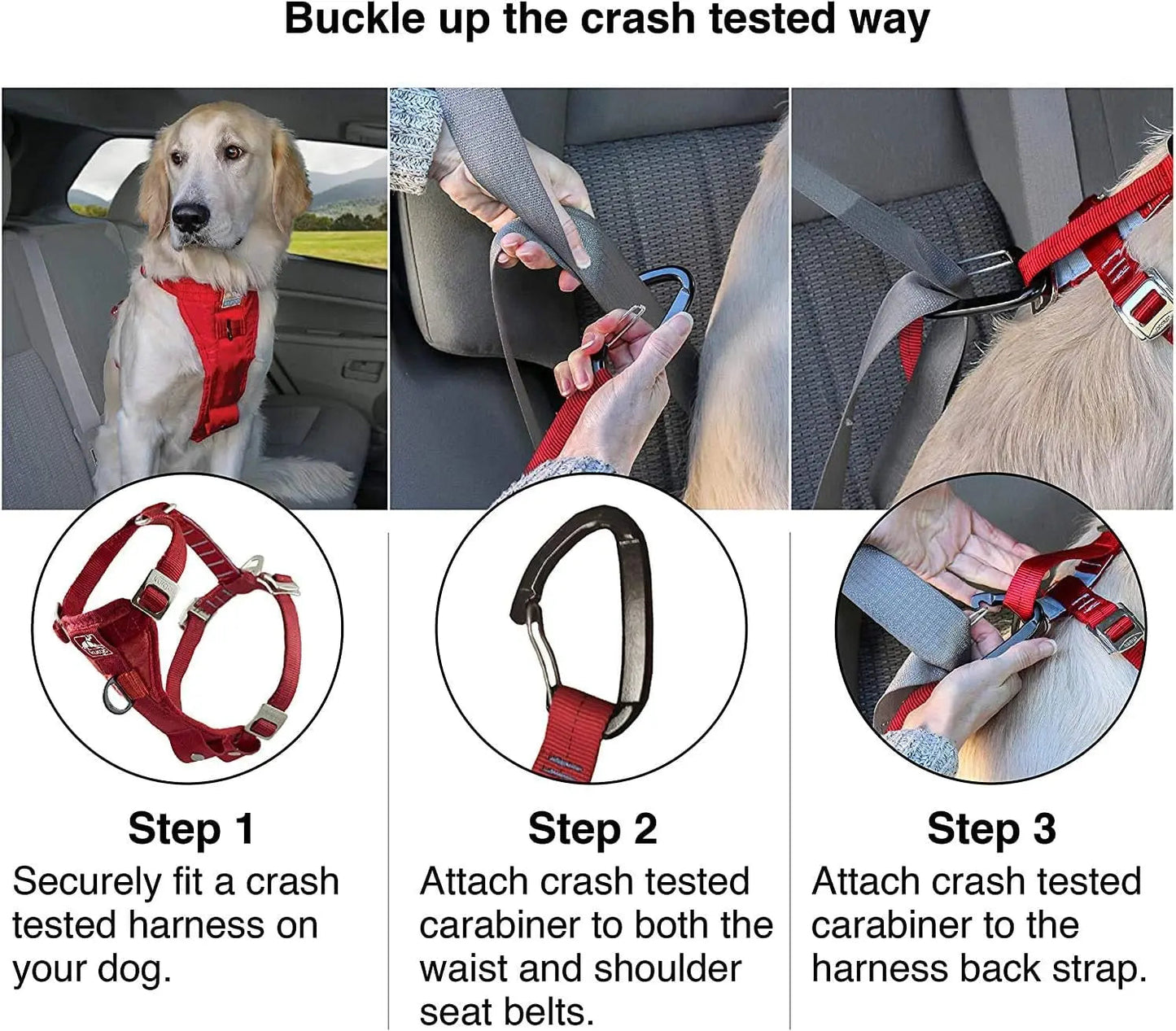 Arnés para coche Tru-Fit de resistencia mejorada para perros - Probado contra choques para mayor seguridad - Placa de pecho ancha - Hebillas anidadas de acero - Incluye correa de seguridad - Rojo - Mediano