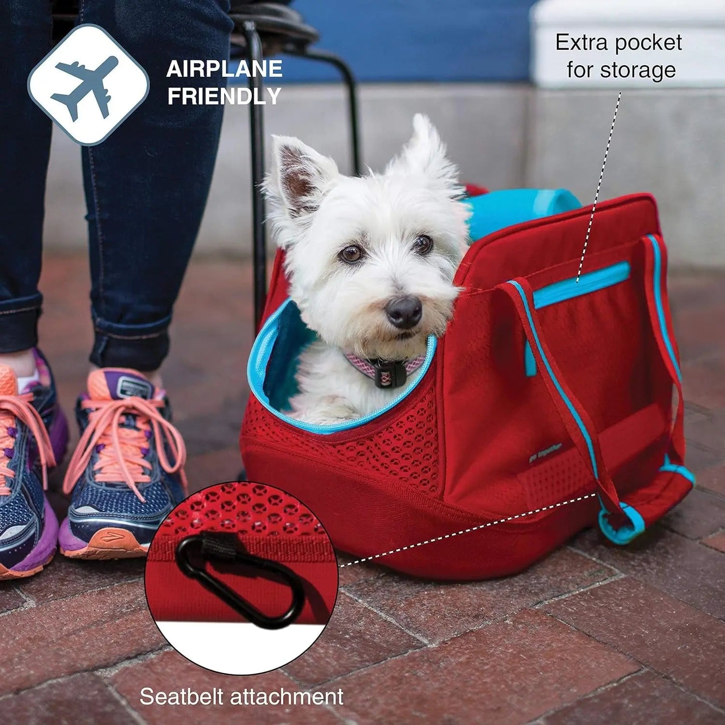 Transportín para perros Explorer - Cómodo para viajes - Base Armorsole resistente al agua - Compatible con aerolíneas - Bolsillo de almacenamiento - Para gatos y perros pequeños de hasta 9 kg - Rojo/Azul