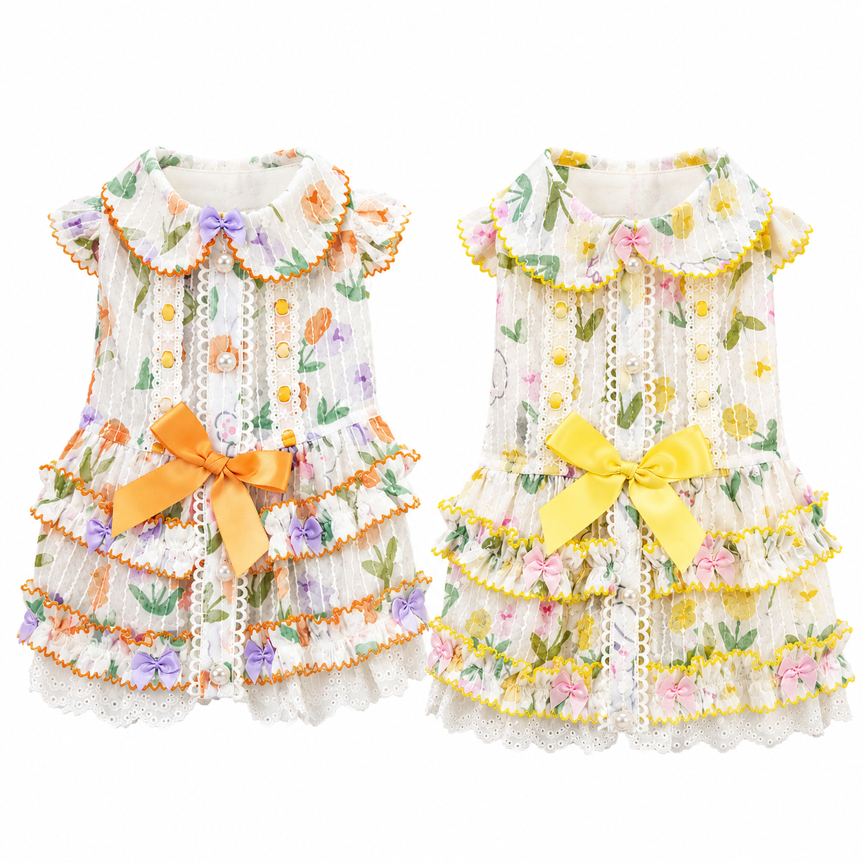 Floral Lace Dog Dress | Cottagecore Pet Princess Dress with Bow & Pearl Buttons