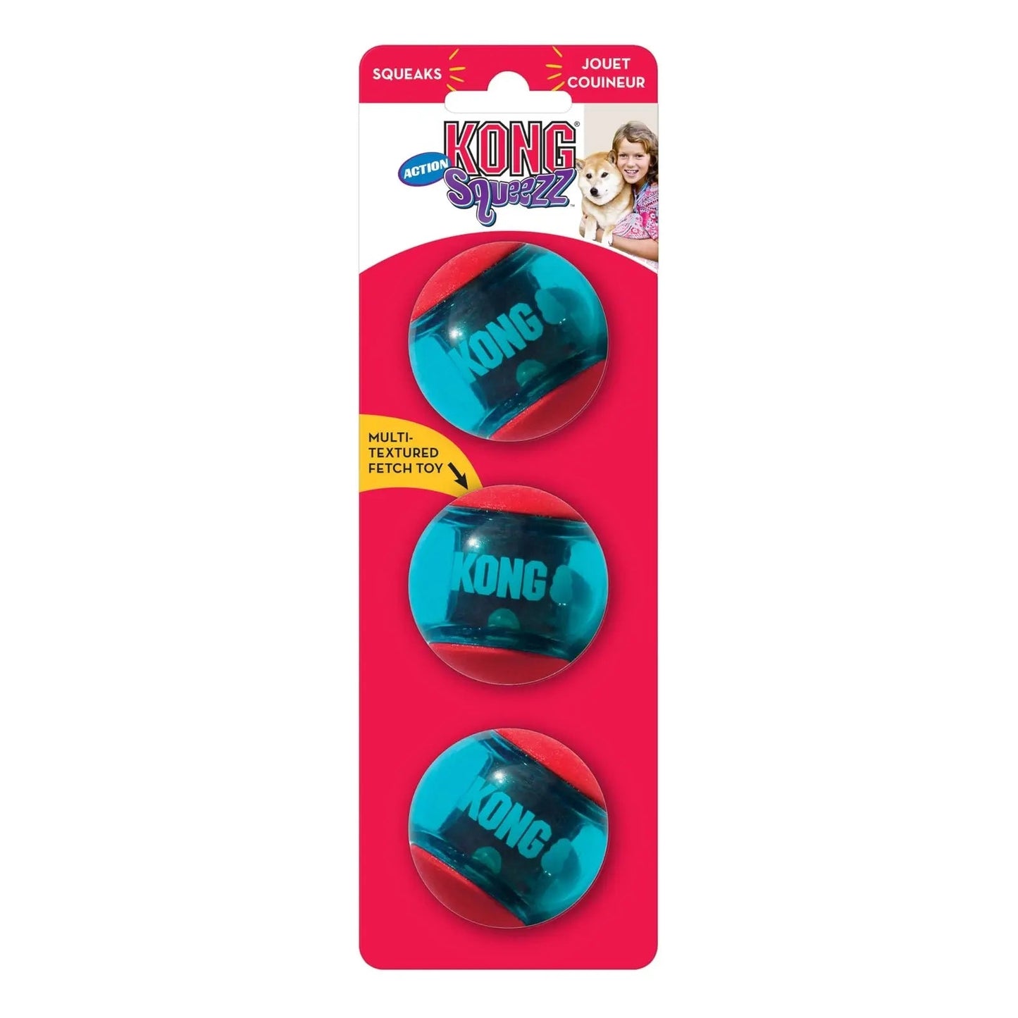 Jouet pour chien KONG Squeezz Action Shapes petit modèle rouge, multi-texturé et couineur.