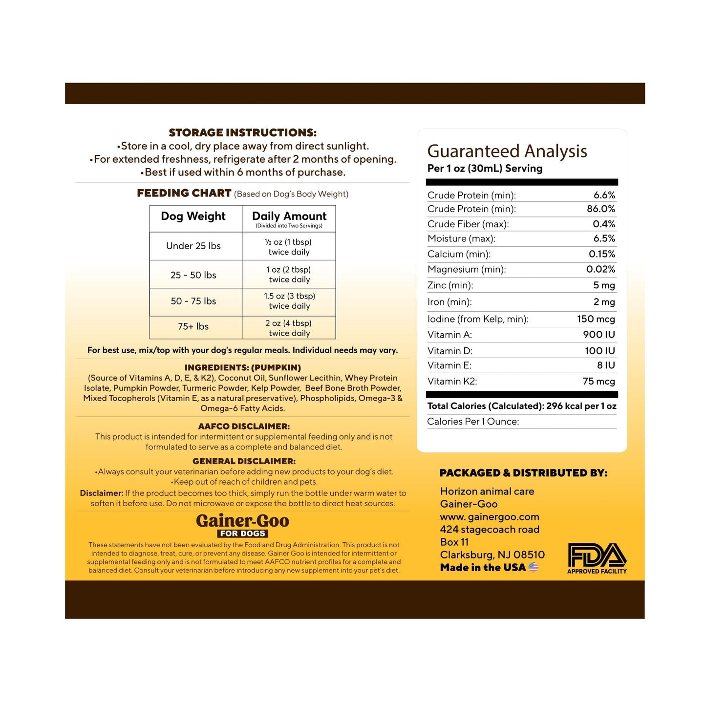 1 galón de Gainer-GOO (para todas las razas) Ganador de peso líquido con alto contenido calórico (128 oz)