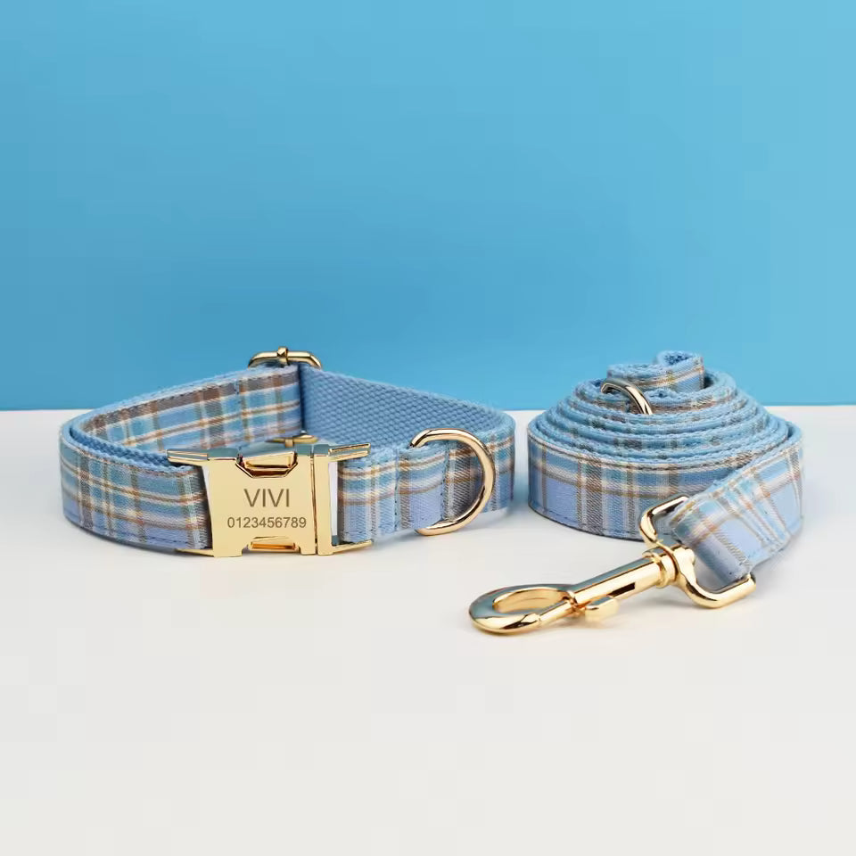 Ensemble collier, laisse et harnais pour chien, motif à carreaux bleus