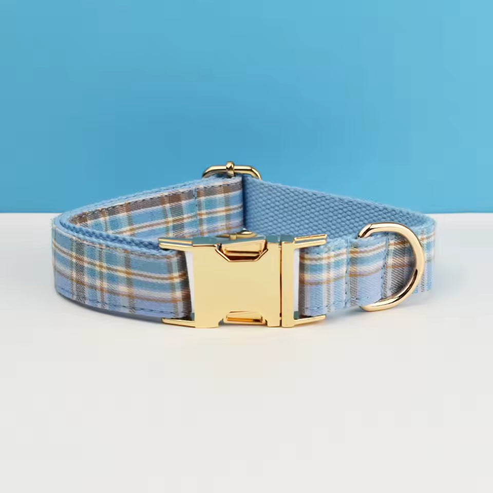 Ensemble collier, laisse et harnais pour chien, motif à carreaux bleus