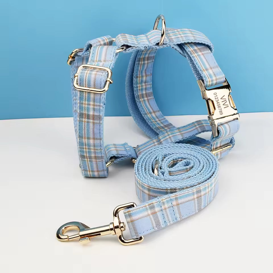 Ensemble collier, laisse et harnais pour chien, motif à carreaux bleus