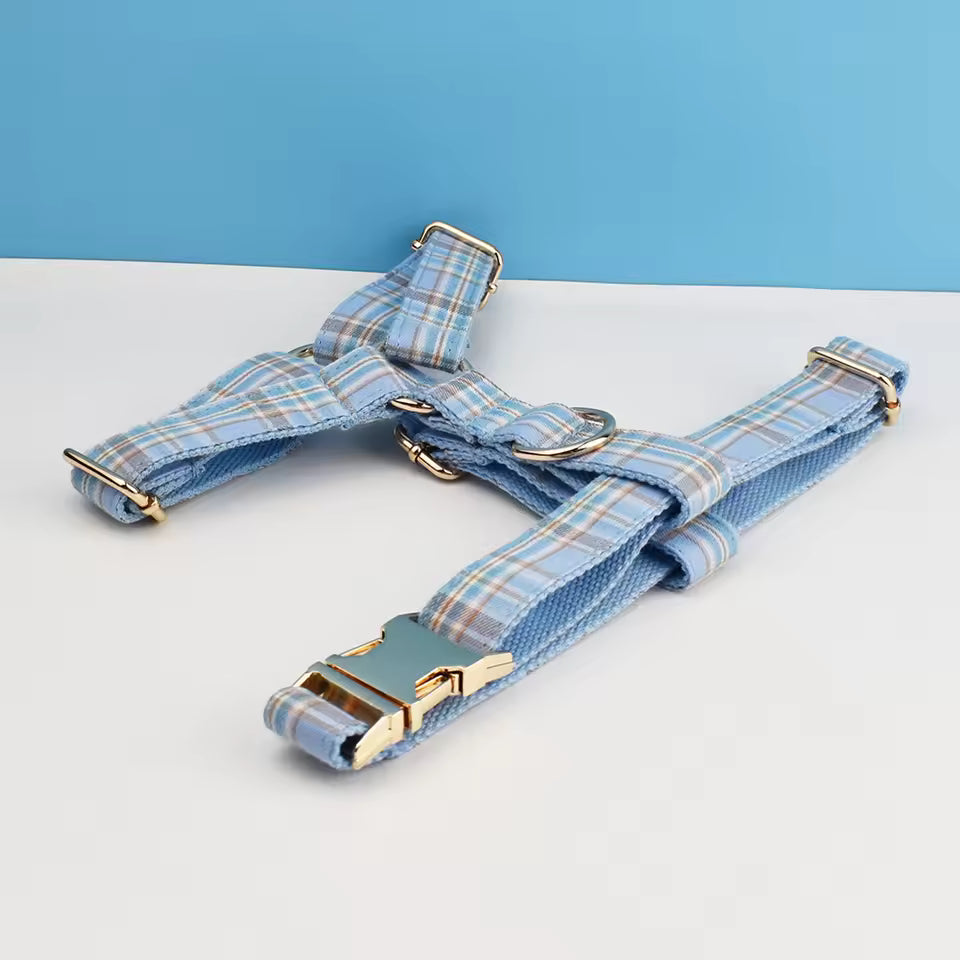 Ensemble collier, laisse et harnais pour chien, motif à carreaux bleus