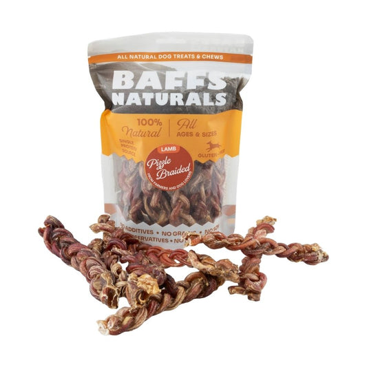 Friandises à mâcher BAFFS NATURALS en pénis d'agneau tressé – Friandises naturelles longue durée pour chiens (sachet de 227 g)