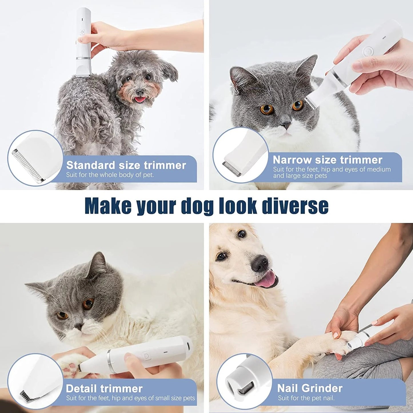 ¡Cuida a tus peludos amigos como un profesional! 🐶✂️ Cortapelos para perros recargables y de bajo ruido con 4 cabezales de corte para todas las mascotas.
