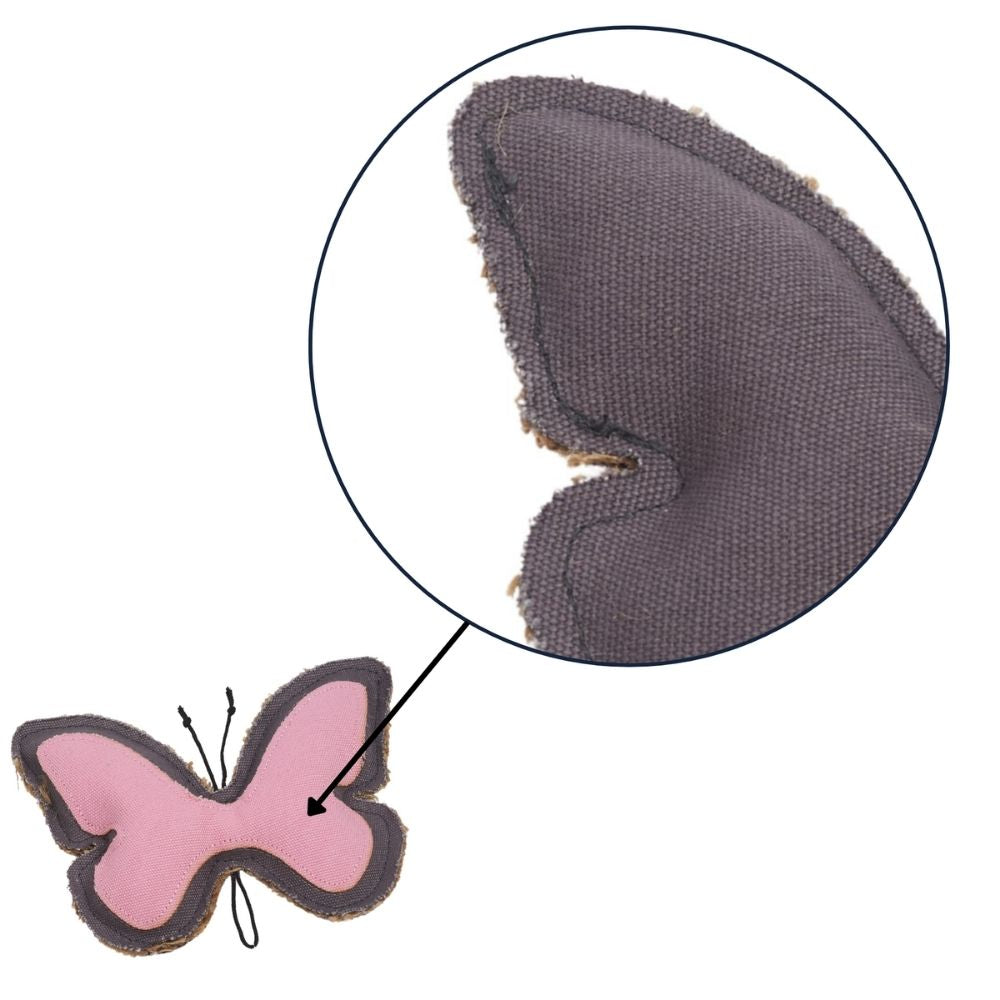 Juguete masticable para perros Country Living de lona y yute con forma de mariposa: duradero, seguro y no tóxico.