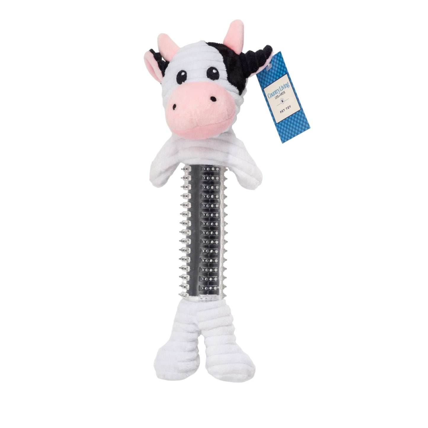 Peluche de vaca blanca y negra de caucho termoplástico para perro de Country Living, con chirriador y papel arrugado
