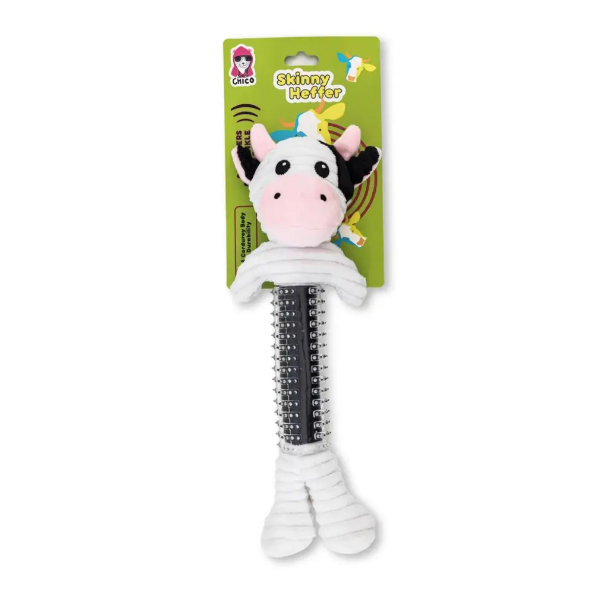 Peluche de vaca blanca y negra de caucho termoplástico para perro de Country Living, con chirriador y papel arrugado
