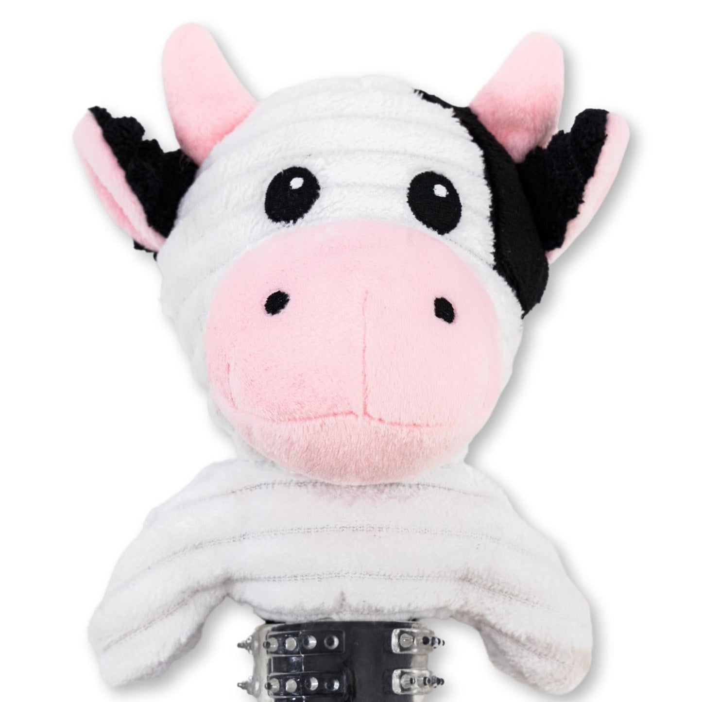 Peluche de vaca blanca y negra de caucho termoplástico para perro de Country Living, con chirriador y papel arrugado