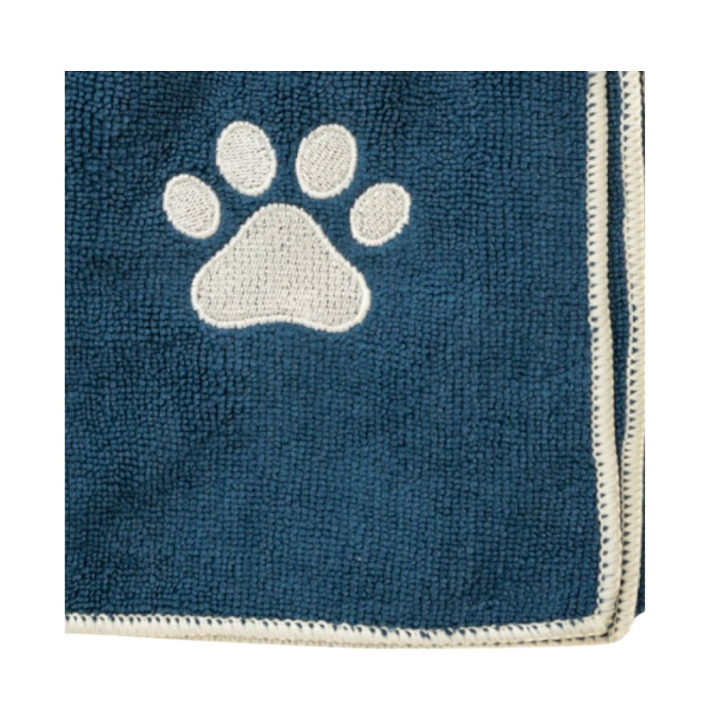 Serviette de bain pour chien Country Living, grande taille, en microfibre bleu marine avec empreinte de patte brodée