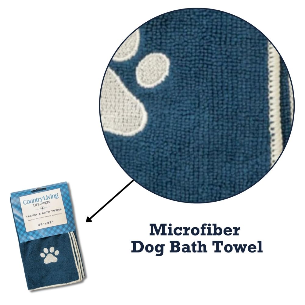 Serviette de bain pour chien Country Living, grande taille, en microfibre bleu marine avec empreinte de patte brodée
