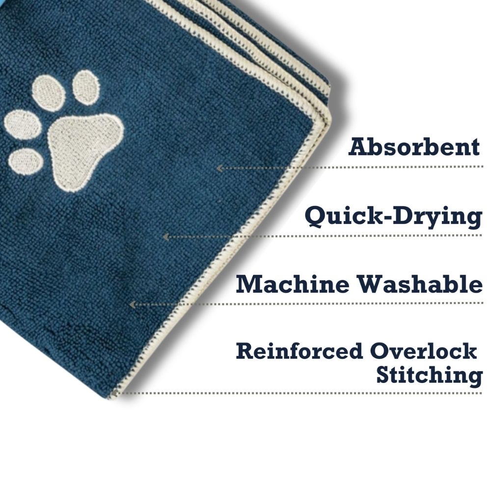 Serviette de bain pour chien Country Living, grande taille, en microfibre bleu marine avec empreinte de patte brodée