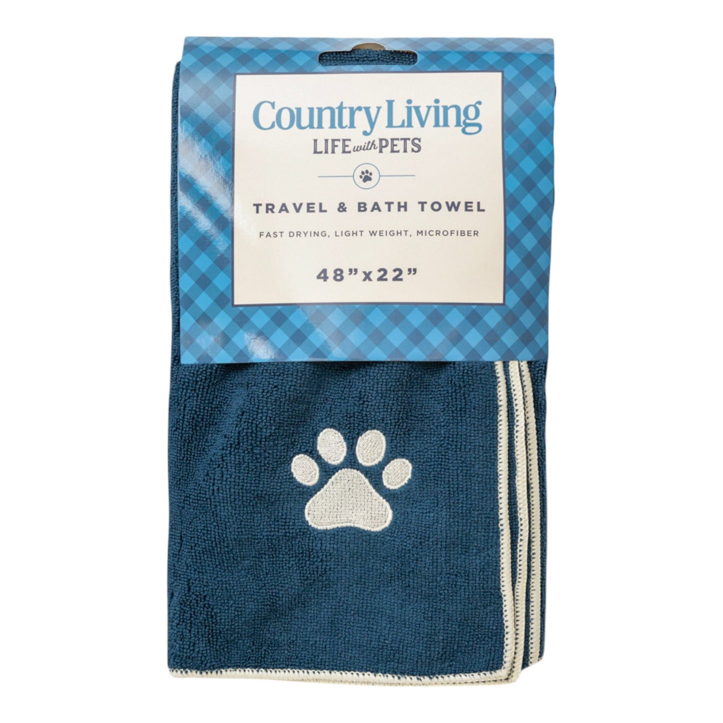 Serviette de bain pour chien Country Living, grande taille, en microfibre bleu marine avec empreinte de patte brodée