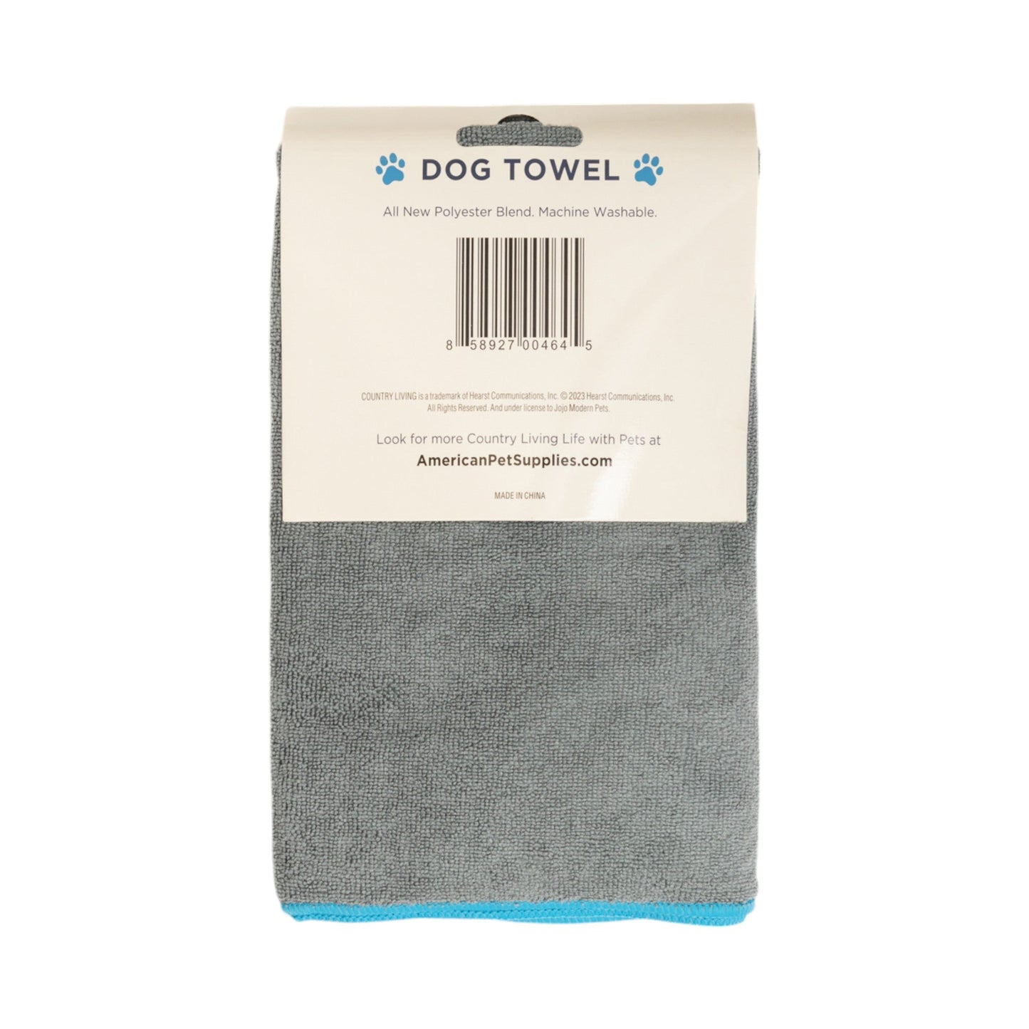Serviette de bain pour chien Country Living, grande taille, en microfibre grise, avec empreinte de patte brodée turquoise.