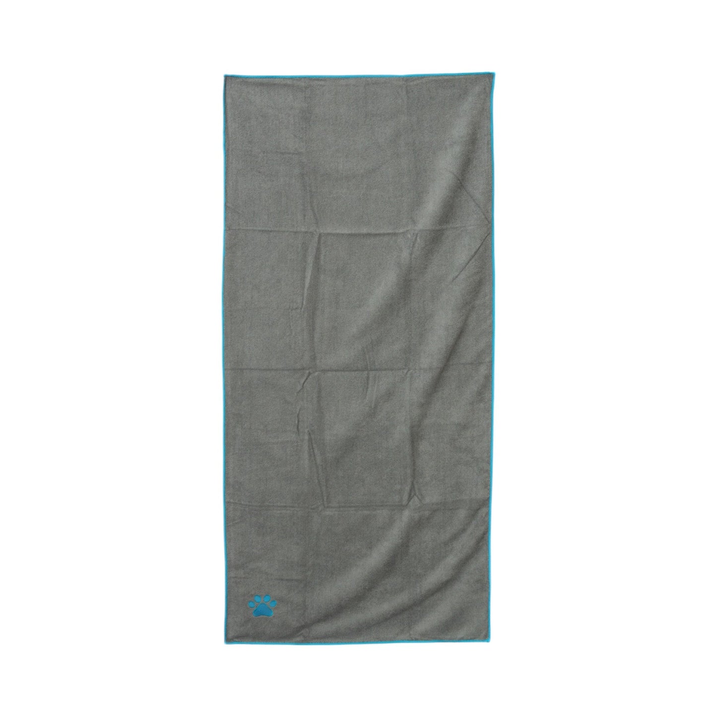 Serviette de bain pour chien Country Living, grande taille, en microfibre grise, avec empreinte de patte brodée turquoise.