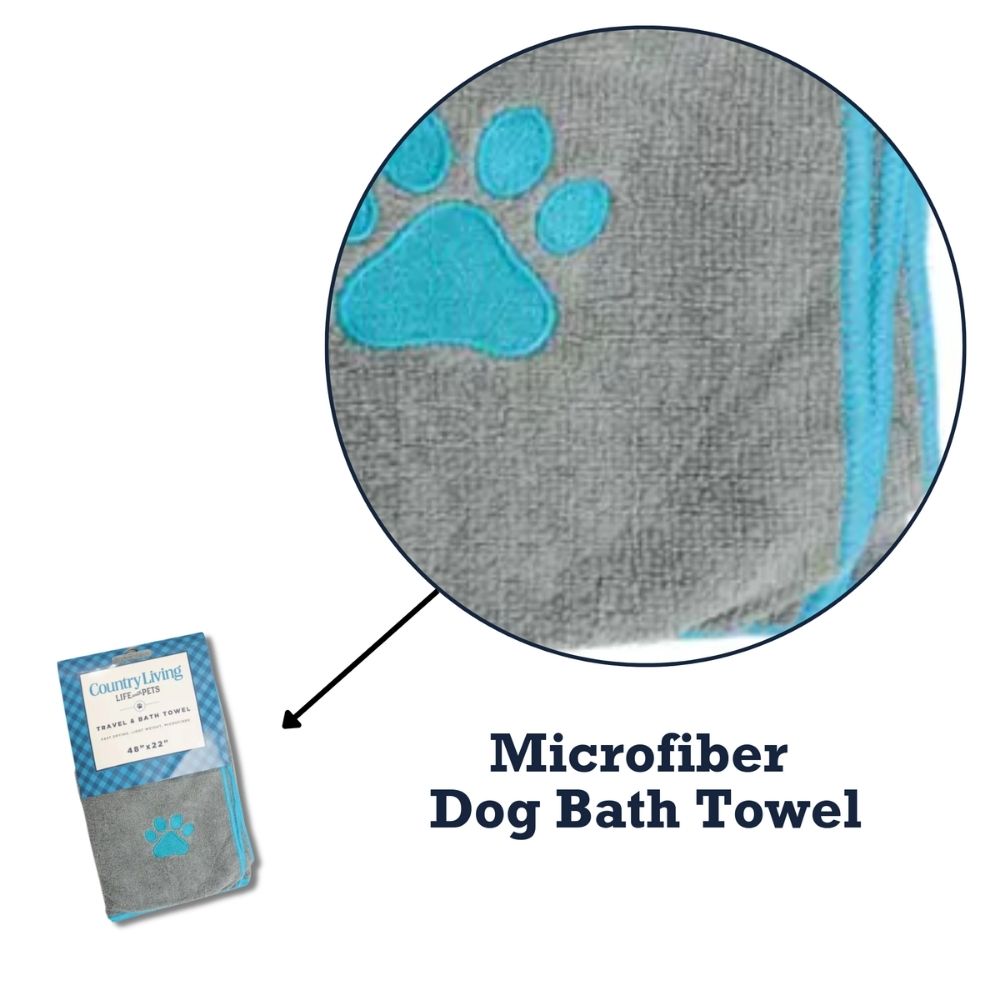 Serviette de bain pour chien Country Living, grande taille, en microfibre grise, avec empreinte de patte brodée turquoise.