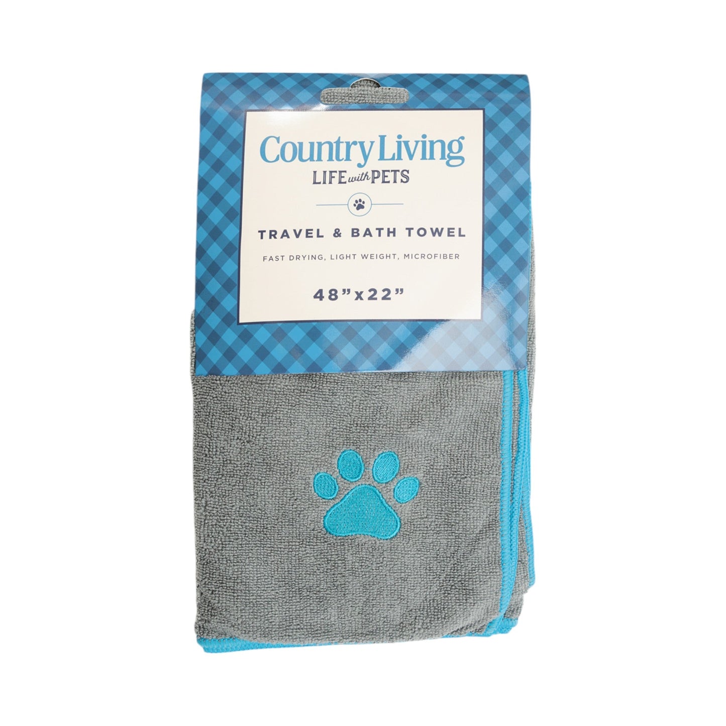 Serviette de bain pour chien Country Living, grande taille, en microfibre grise, avec empreinte de patte brodée turquoise.