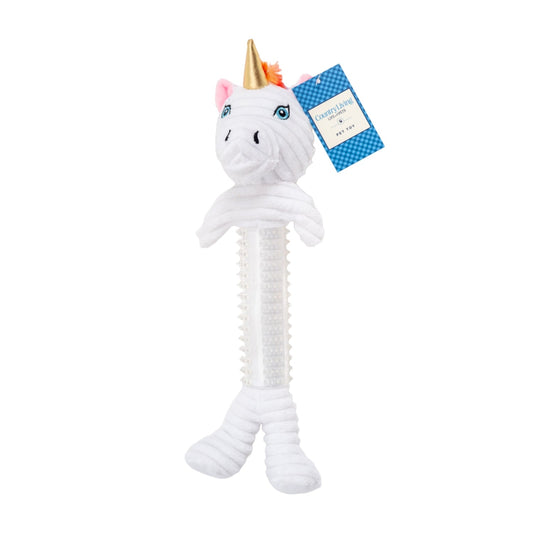 Peluche de unicornio de pana delgado de caucho termoplástico para perro de Country Living, con chirriador y papel arrugado