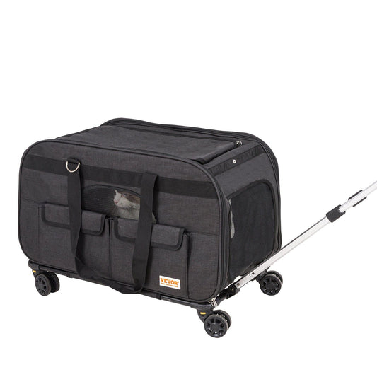 Sac de transport à roulettes pour chat et chien, avec poignée télescopique et bandoulière, pour animaux de moins de 16 kg, incluant une gamelle pliable, noir.