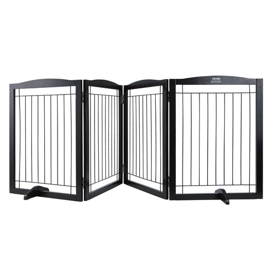 Free Standing Dog Gate, 32" H x 96.5" W Freestanding Pet Gate, 4 Panels Foldable Dog Gate for Wide and Narrow Passageways, Expandable Dog Barrier with Silent Foot Support for Indoor, Brown
