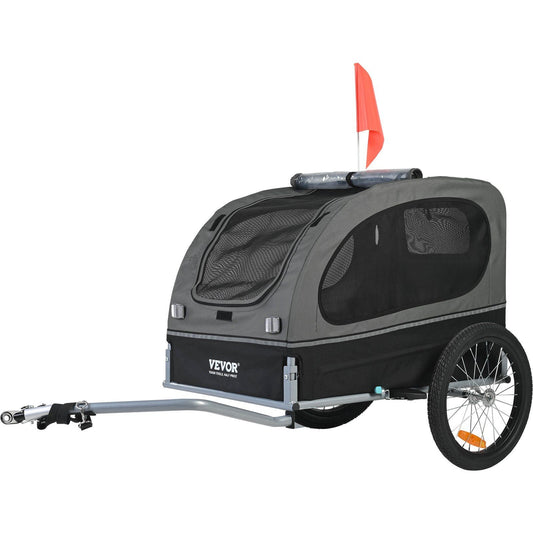 Remorque vélo pour chien, supporte jusqu'à 40 kg, chariot porte-animaux pour vélo, cadre pliable facile avec roues à démontage rapide, attelage universel pour vélo, réflecteurs, drapeau, pliable pour le rangement, noir/gris