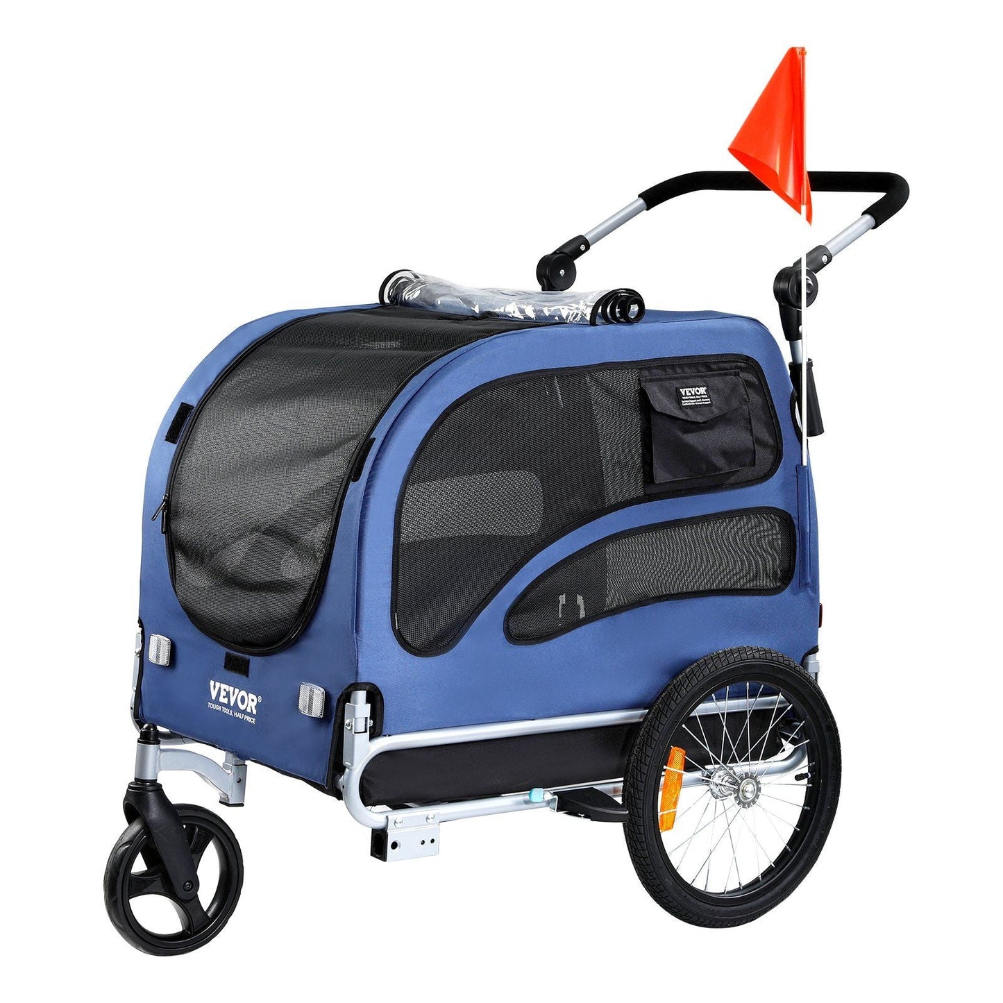 Remorque vélo pour chien, supporte jusqu'à 45 kg, poussette/porte-vélos 2 en 1 pour animaux, cadre pliable facile avec roues à démontage rapide, attelage universel pour vélo, réflecteurs, drapeau, bleu/noir