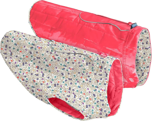 Veste pour chien, veste d'hiver réversible, manteau pour animaux de compagnie idéal pour la randonnée, imperméable, réfléchissante, légère, compatible avec un harnais, style athlétique, Loft Jacket (Liberty Floral, S), motif floral/magenta