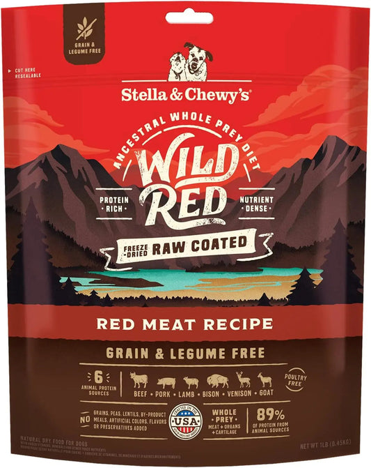 Croquettes pour chien Wild Red, enrobées de viande rouge, riches en protéines, sans céréales ni légumineuses, enrobées de viande crue, sac de 454 g (1 lb).