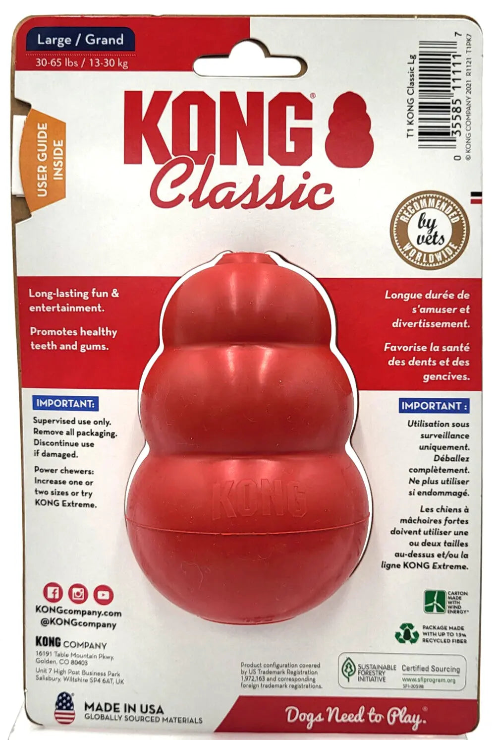 KONG Classic GRAND Jouet à mâcher et à rapporter pour chien, résistant et remplissable, 10 x 7 cm