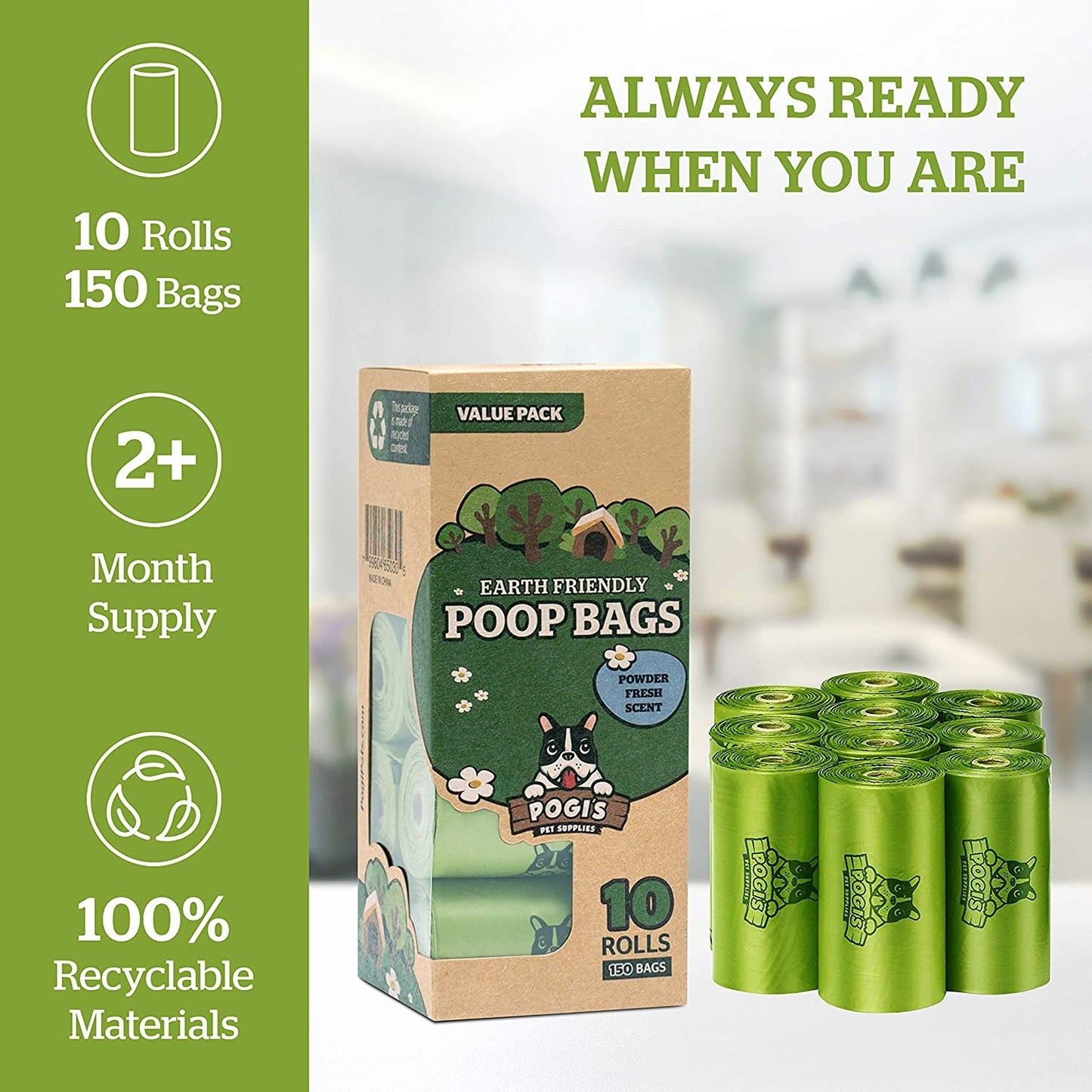 Bolsas para excrementos de perro Pogi'S - 10 rollos (150 bolsas)