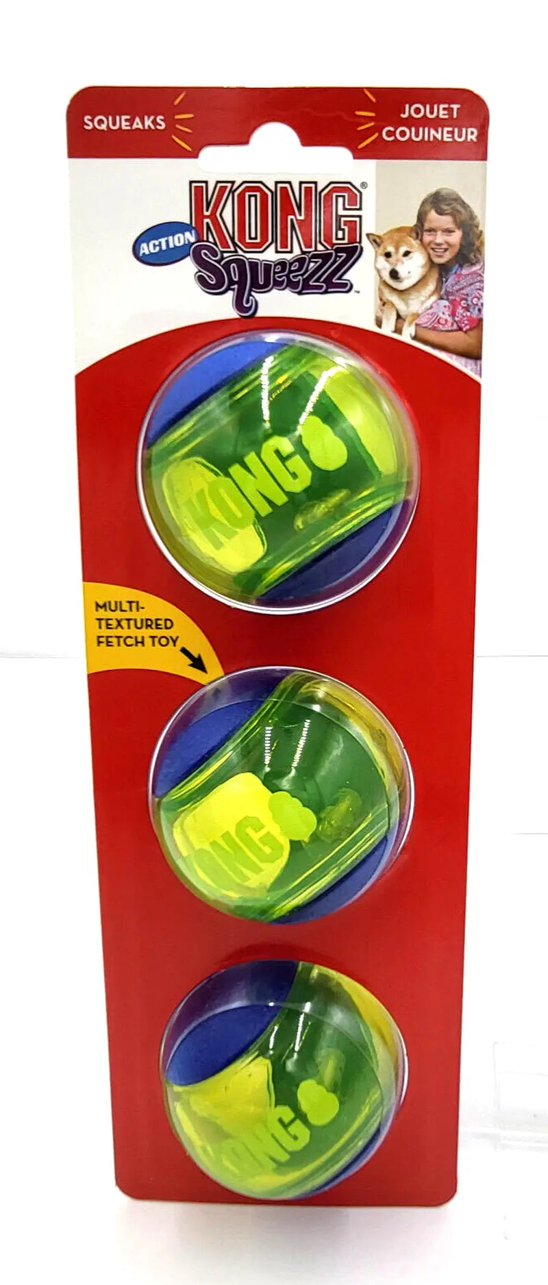 KONG Squeezz Action Ball Bleu Moyen Lot de 3 Jouets à rapporter pour chien