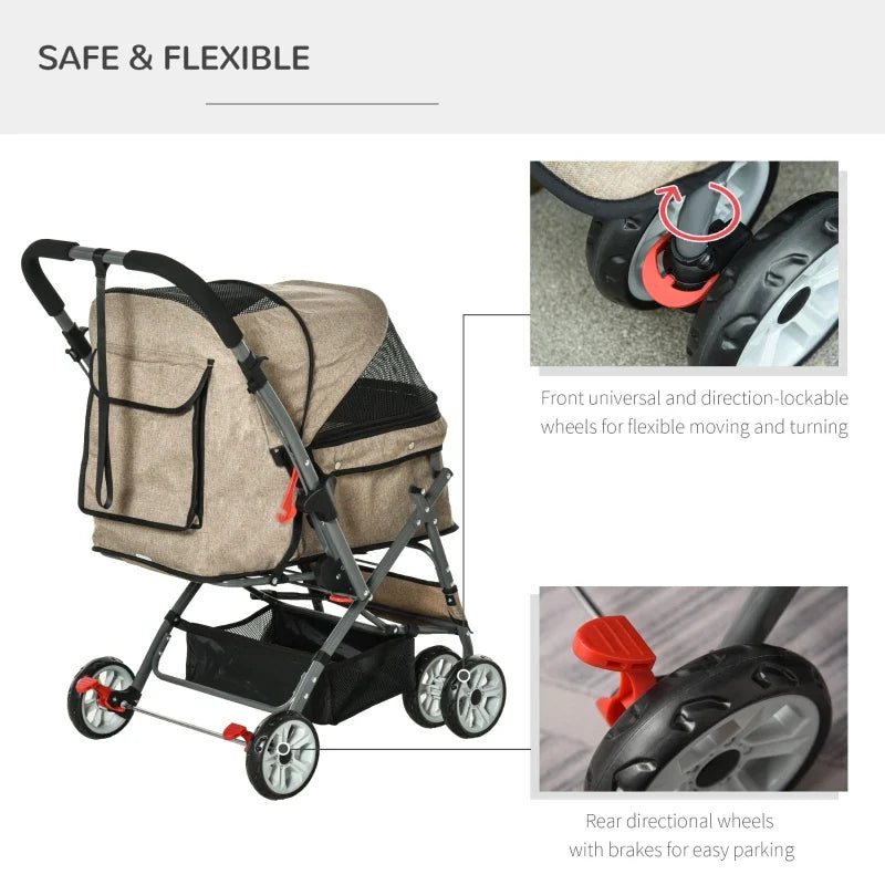 Cochecito de viaje plegable para mascotas con asa reversible 