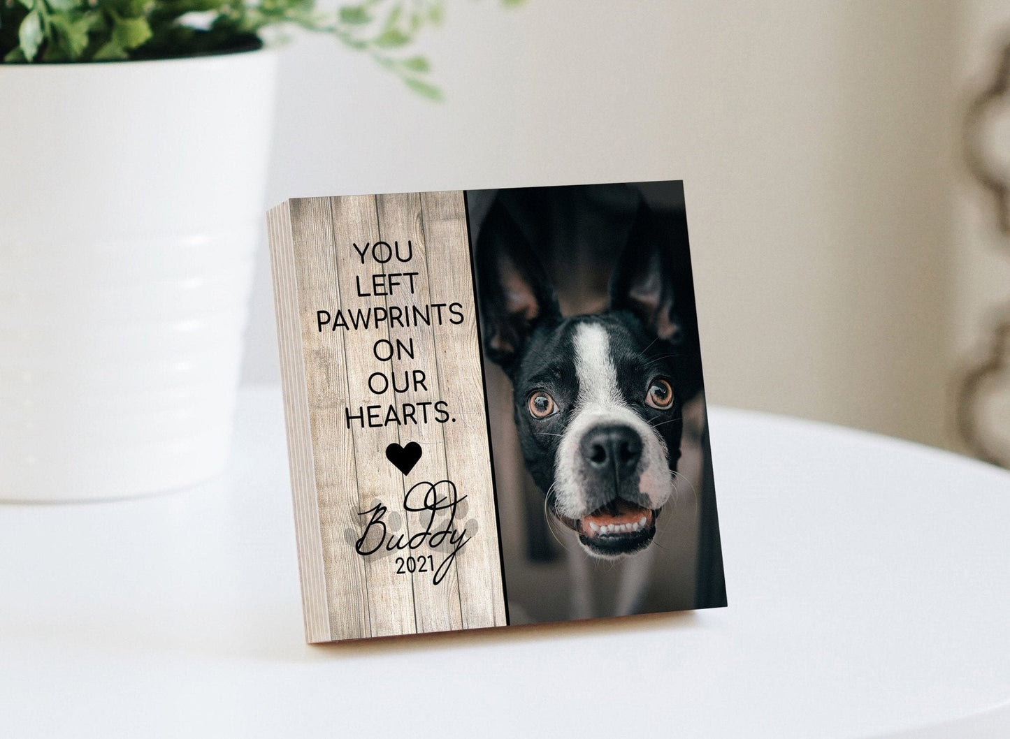 Regalo conmemorativo personalizado para mascotas de 10 o 15 cm - Bloque de fotos de madera impreso - Dejaste huellas en nuestro corazón - Marco conmemorativo para perros