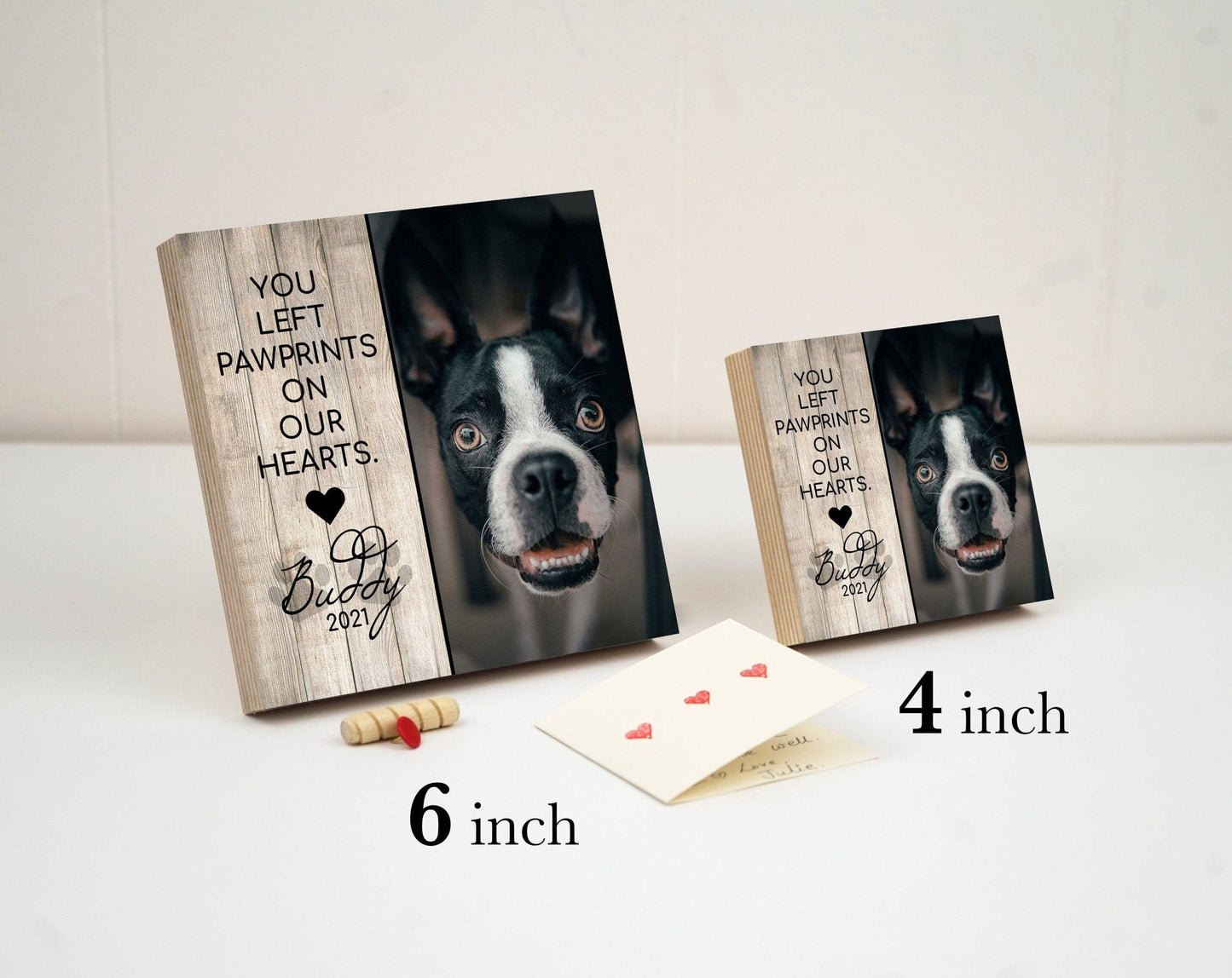 Regalo conmemorativo personalizado para mascotas de 10 o 15 cm - Bloque de fotos de madera impreso - Dejaste huellas en nuestro corazón - Marco conmemorativo para perros