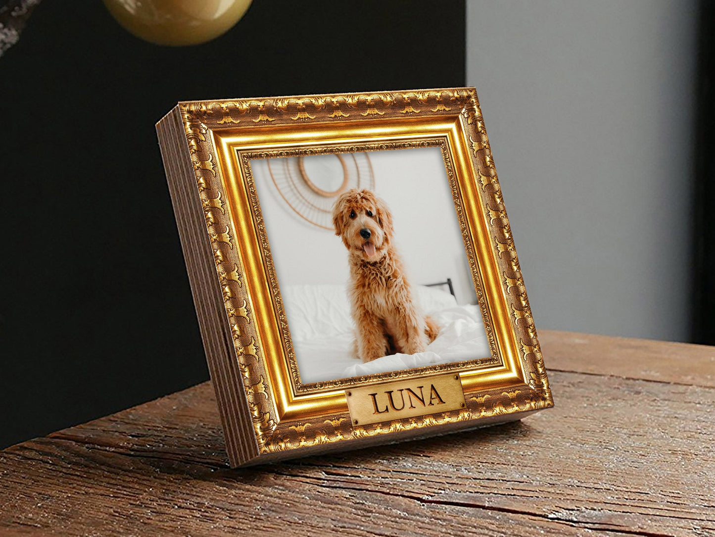 Personalized Gold Frame Style Pet Memorial 4" or 6" - NOT REAL GOLD Frame - Photo Print on Wood - Dog Memorial Frame - Pet Memorial