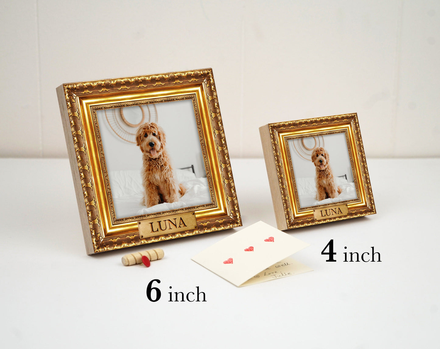 Personalized Gold Frame Style Pet Memorial 4" or 6" - NOT REAL GOLD Frame - Photo Print on Wood - Dog Memorial Frame - Pet Memorial