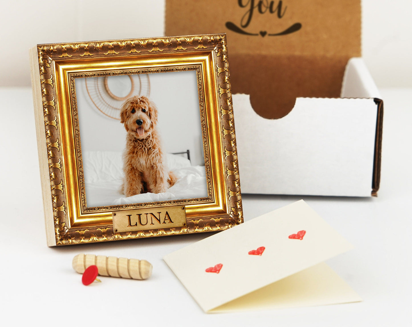 Personalized Gold Frame Style Pet Memorial 4" or 6" - NOT REAL GOLD Frame - Photo Print on Wood - Dog Memorial Frame - Pet Memorial