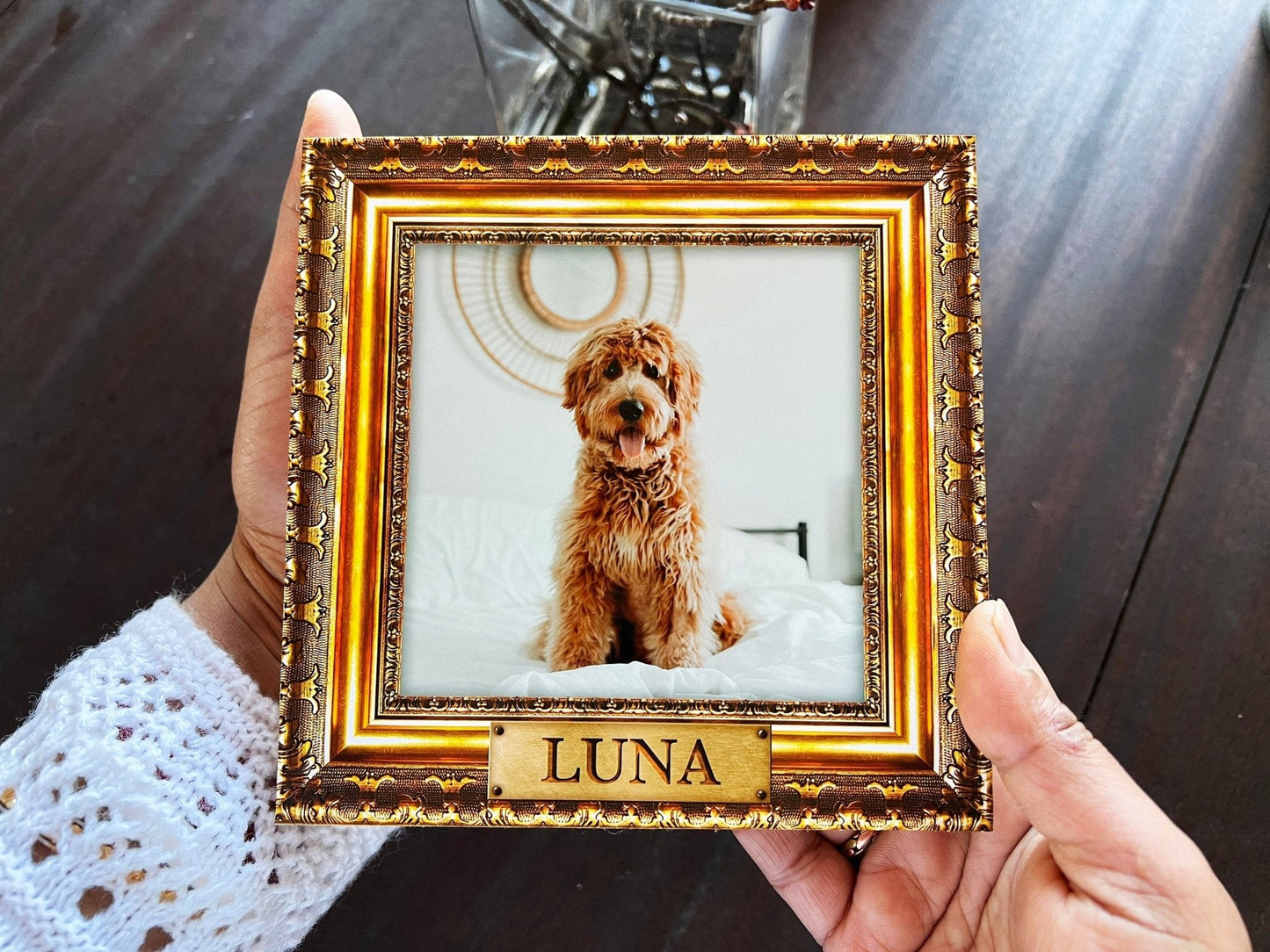 Memorial para mascotas personalizado con marco dorado de 4" o 6" - Marco NO ORO REAL - Impresión fotográfica en madera - Marco conmemorativo para perros - Memorial para mascotas