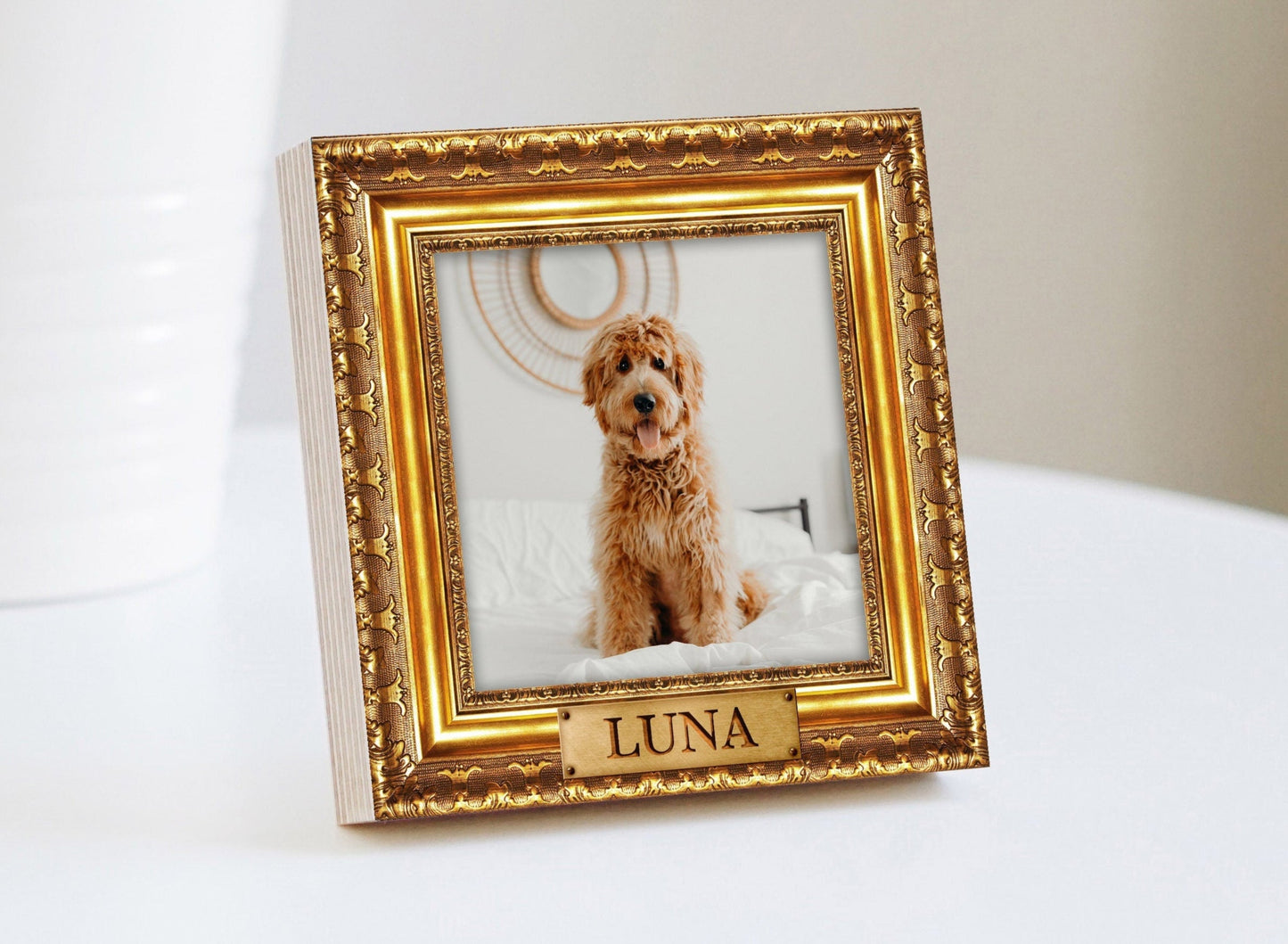 Personalized Gold Frame Style Pet Memorial 4" or 6" - NOT REAL GOLD Frame - Photo Print on Wood - Dog Memorial Frame - Pet Memorial