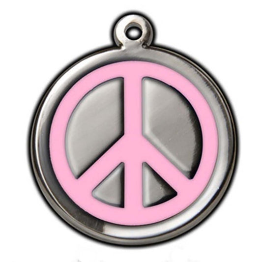 Médaille d'identification pour chien rose avec symbole de la paix - Gravure 