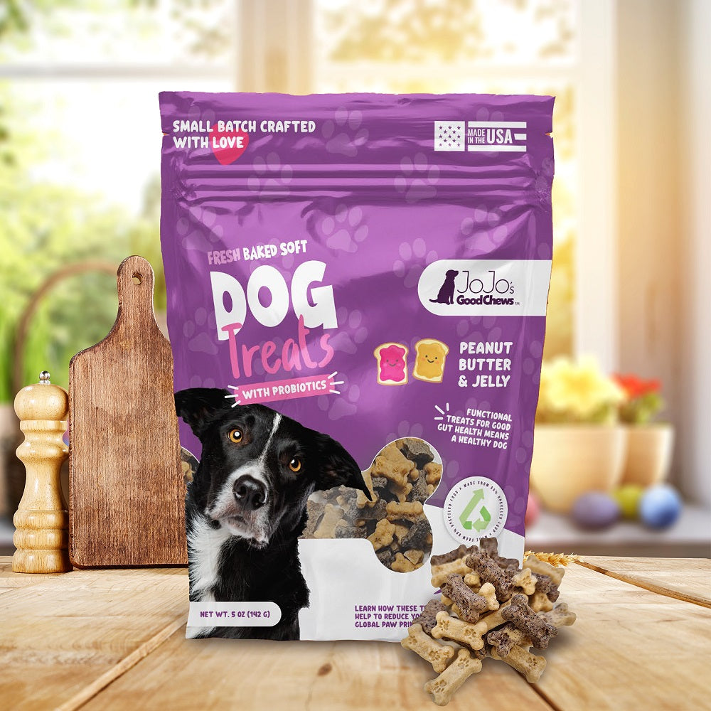 Friandises à mâcher moelleuses pour chiens JoJo Good Chews au beurre de cacahuète et à la confiture (paquet de 2)