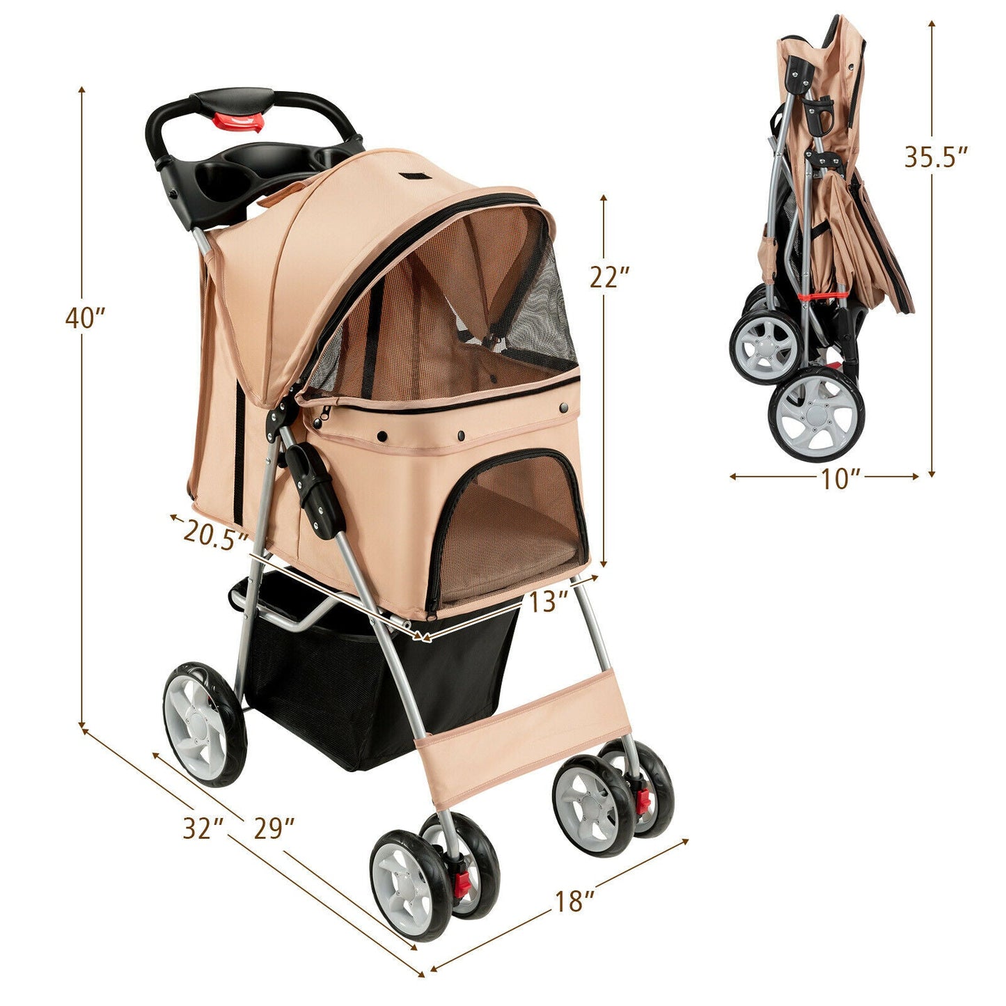 Poussette pliable pour animaux de compagnie, porte-bébé de voyage à 4 roues 