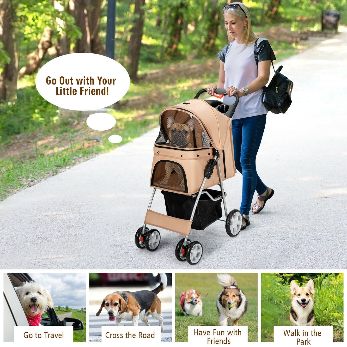 Poussette pliable pour animaux de compagnie, porte-bébé de voyage à 4 roues 