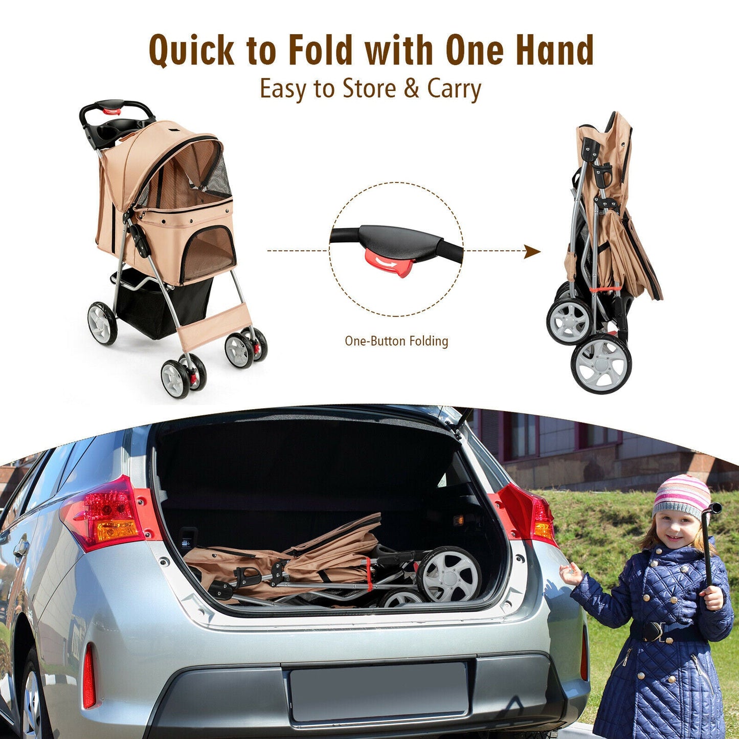 Poussette pliable pour animaux de compagnie, porte-bébé de voyage à 4 roues 