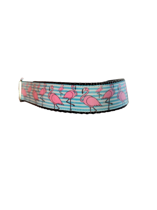 Collier pour chien en nylon à rayures flamant rose