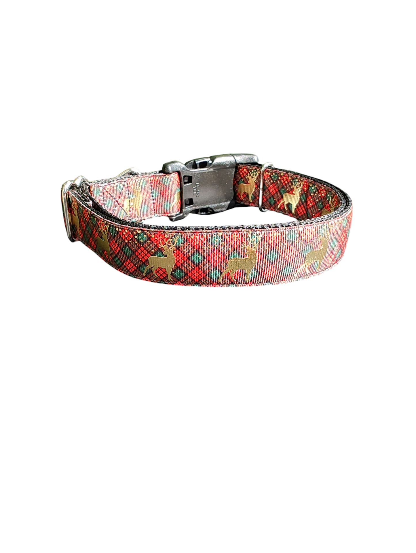 Collar de nailon para perro con diseño de ciervo a cuadros rojos y verdes