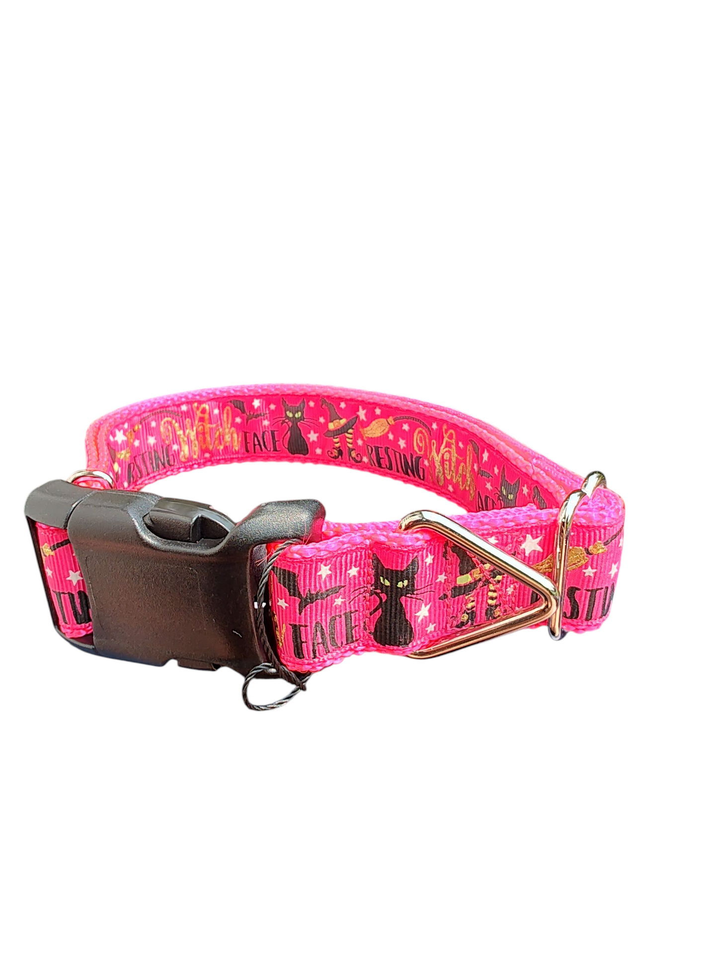 Collar de nailon para perro con cara de bruja en reposo